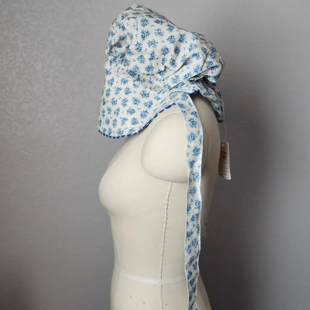 VINTAGE Prairie Cottagecore Blue‎ Floral Sun Bonnet Hat with Ruffle Ties NEW